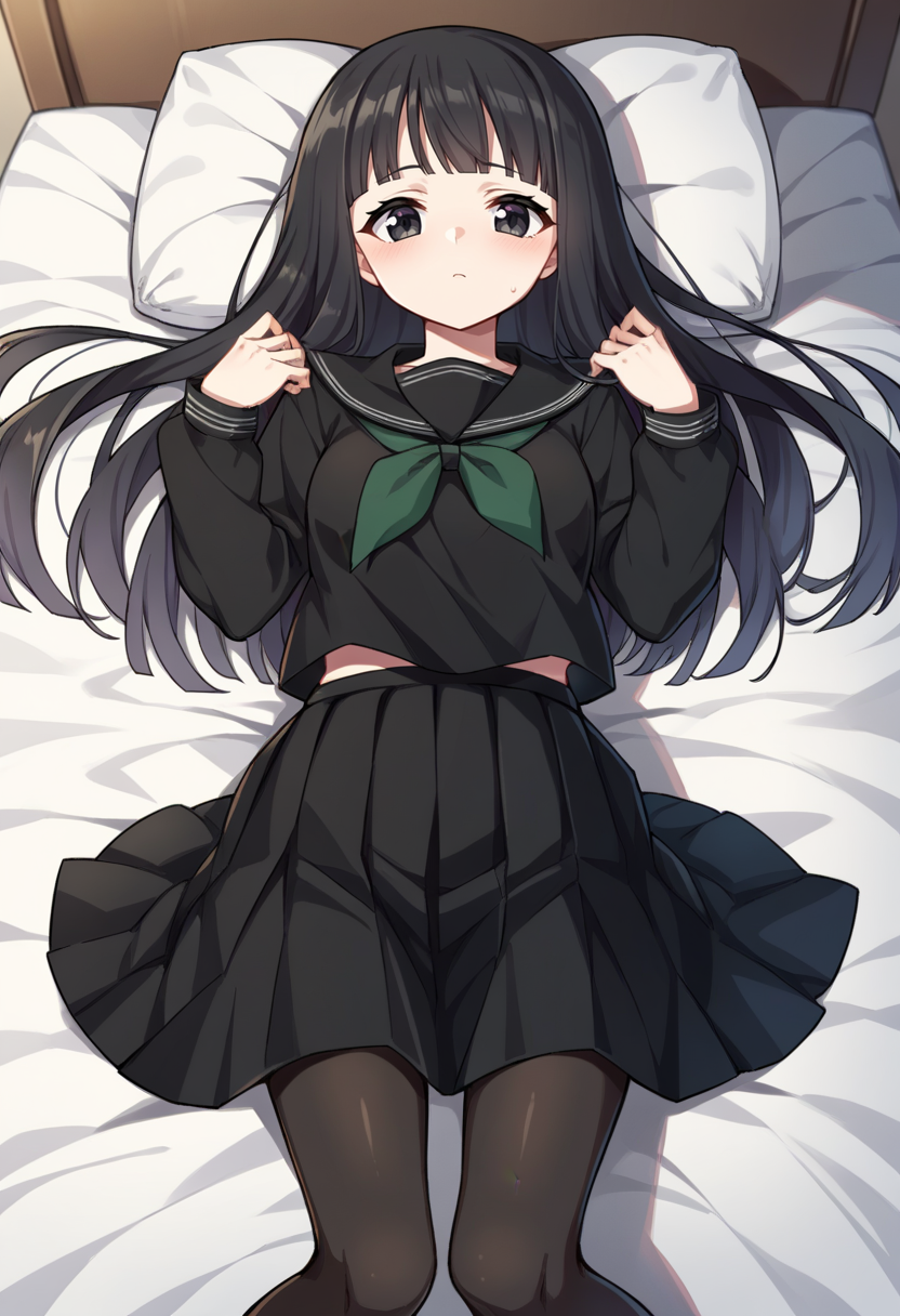 score_9, score_8_up, score_7_up, source_anime BREAK   Rinne,  long hair, black hair, black eyes, black serafuku, pantyhose, black skirt, green necktie, white stripes, lying on bed  <lora:RinneLocon-000010:1>