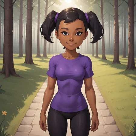 score_9, score_8, BREAK, solo, mii, wii, wii sports, 1girl, female mii, dark skin, dark skin female, freckles, black hair, twintails, black eyes, smile, purple clothing, black leggings, shoes, cute, Miyu_(\Wii_Sports\), Nintendo Mii, modern_mii, classic_mii, breasts, sexy pose, smile, outdoors, sunlight, shadows, evening lighting, natural lighting, forest, trees, grass, orange sky, sunset