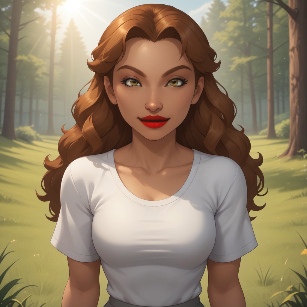 score_9, score_8, BREAK, solo, wii, mii, wii sports, 1girl, female mii, dark yellow eyes, black eyeshadow, auburn hair, red lips, lipstick, big lips, white clothing, gray pants, cute, nintendo mii, modern_mii, classic_mii, breasts, naomi_(\wii_sports\), sexy pose, smile, outdoors, sunlight, shadows, evening lighting, natural lighting, forest, trees, grass, orange sky, sunset