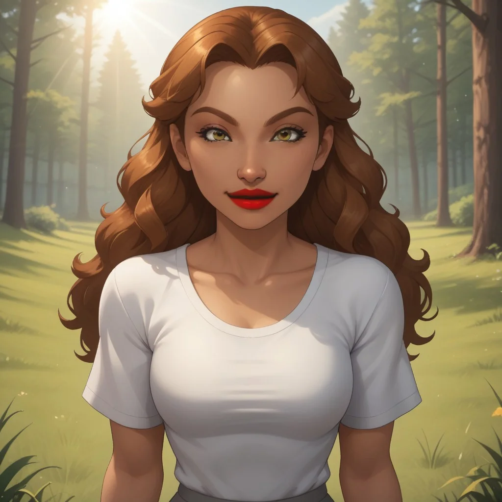 score_9, score_8, BREAK, solo, wii, mii, wii sports, 1girl, female mii, dark yellow eyes, black eyeshadow, auburn hair, red lips, lipstick, big lips, white clothing, gray pants, cute, nintendo mii, modern_mii, classic_mii, breasts, naomi_(\wii_sports\), sexy pose, smile, outdoors, sunlight, shadows, evening lighting, natural lighting, forest, trees, grass, orange sky, sunset