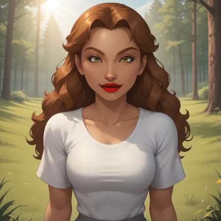 score_9, score_8, BREAK, solo, wii, mii, wii sports, 1girl, female mii, dark yellow eyes, black eyeshadow, auburn hair, red lips, lipstick, big lips, white clothing, gray pants, cute, nintendo mii, modern_mii, classic_mii, breasts, naomi_(\wii_sports\), sexy pose, smile, outdoors, sunlight, shadows, evening lighting, natural lighting, forest, trees, grass, orange sky, sunset