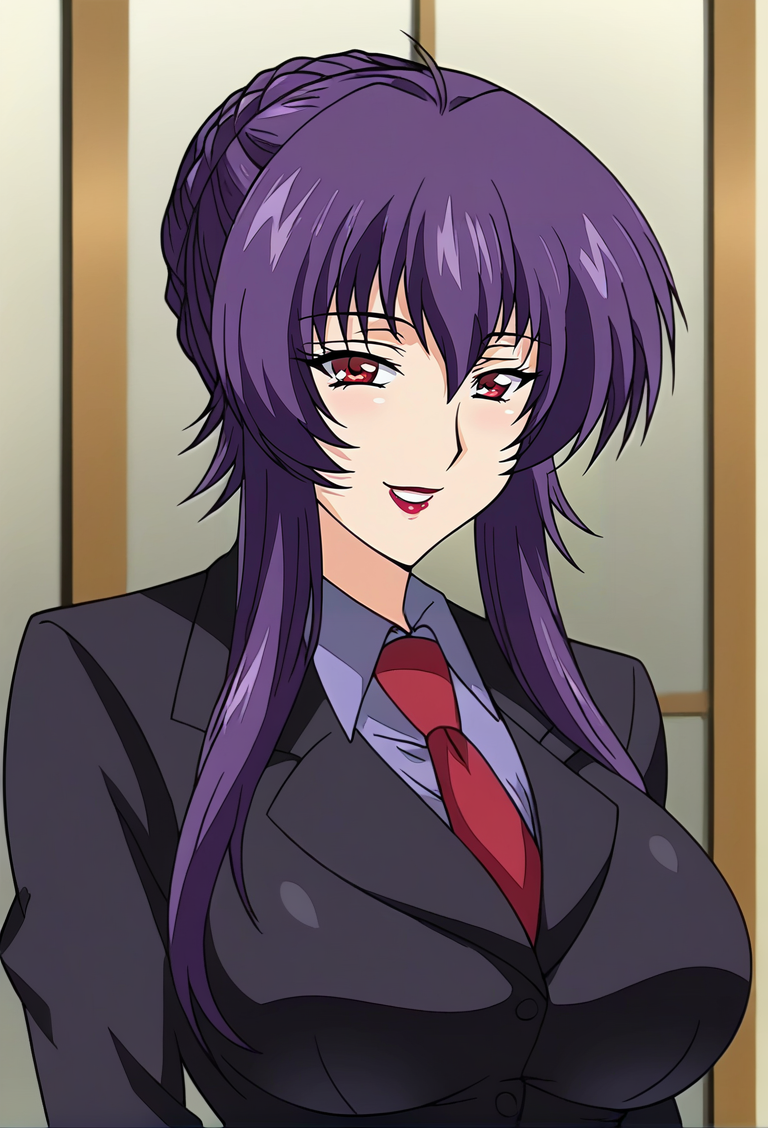 <lora:Sakurai_Sawa-Hypnotism_2:1>,sawa,1girl,purple hair,lipstick,large breasts,red eyes,long hair,suit,formal,upper body,looking at viewer, indoors,smile