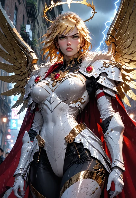 safe_pos, 1girl, sfw, gorgeous, freckles, shiny wet skin, detailed skin, detailed face, fierce:2, angry, intense glare, arched back:2, dynamic pose:2, perfect eyes, eye contact, black pupils:1.5, piercing gaze, glowing eyes, enormous valkyrie wings:2, flaming halo, decorative mystic armor, huge wings:2, action pose, slight cleavage:0.5, slight skin:0.5, pants, armored skirt:2, flowing cape, intricate armor, shiny armor, perfect hands:2, perfect fingers, eyeliner, relaxed hands, covered breasts, thigh highs, leggings, armored boots, armored thighs, exposed neck, exposed collar bones, exposed mid-thigh, exposed lower thighs, showing slight leg,
BREAK
public place:2, outdoors, rain, rainy day, dark sky, dusk, lightning strike:2, stormy sky, lightning in sky, huge valkyrie wings behind her,
BREAK
score_9, score_8_up, score_8, masterpiece, best quality, official art, extremely detailed, absurdres, high definition, photorealism, detailed shading, high contrast, ambient occlusion,
BREAK
dynamic angle:1.5, cowboy shot:1.5, focus face,
expressiveh, g4n1m3, comicbookpage style, mythp0rt,
