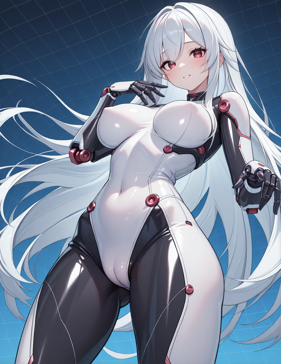 (masterpiece, best quality, ultra detailed, 8k, 4k, hi res, absurdres:1.3), (detailed texture lighting, detailed surface lighting) BREAK 3D character model displayed in front of a grid background, sci-fi, skin-tight bodysuit, branded jumpsuit, mecha arms, robopunk, robot arms, robot joints, 1girl, sfw, pleasure, in love, adoring, posing, sexy pose, very long hair, white hair, covered nipples, covered navel, cameltoe