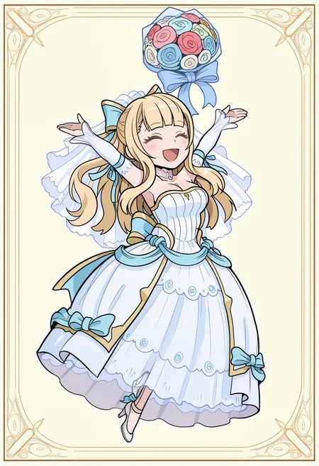 masterpiece, best quality, 1girl, solo, full body, \o/, (chibi:1.1), meme, arms up, midair, spread arms, ^ ^, :d, <lora:CharlotteFE-illu:1> bdCh4r, blonde hair, long hair, blunt bangs, hair bow, blue bow, bridal veil, lace choker, bride, wedding dress, strapless dress, cleavage, detached sleeves, see-through sleeves, arm ribbon, blue ribbon, layered dress, see-through dress, high heels, white footwear, yellow background, floating object, bouquet, border