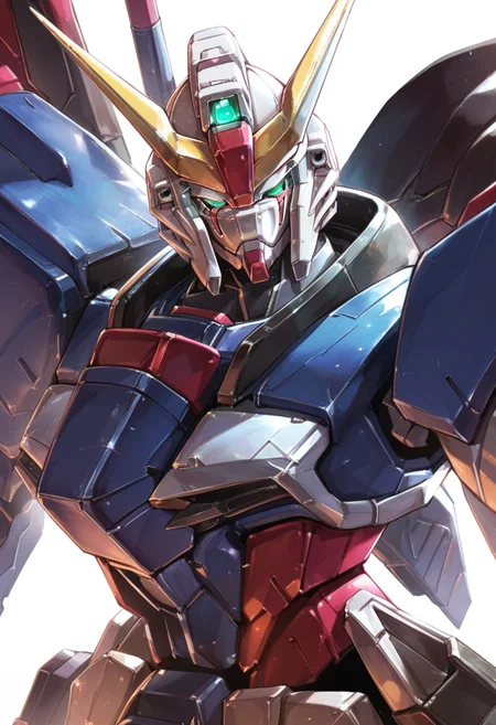 (score_9:0.9),score_8_up,score_7_up,rating_safe,anime_style,(zPDXL),<lora:Destiny Gundam ponyXL v1:0.83>, destiny gundam, solo, white background, science fiction, upper body, green eyes, glowing, glowing eyes, looking at viewer, mechanical wings, wing up