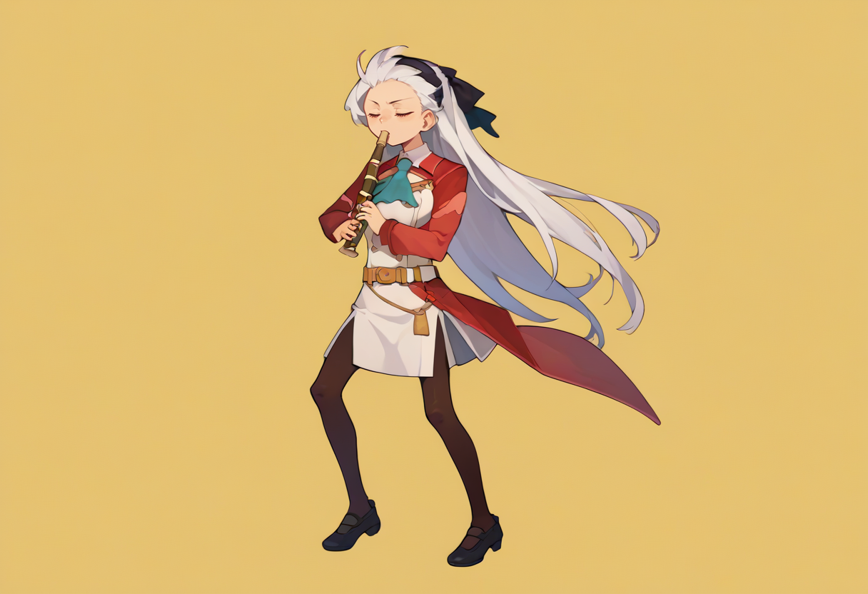 score_9, score_8_up, score_7_up, source_anime, simple background, yellow background, solo, 1girl, zeroElie, kyoufuuallback, full body, holding flute, black hairband, hair ribbon, long hair, ascot, uniform, long red sleeves, white dress, pencil skirt, belt, pantyhose <lora:concept_kyoufuuallback_ponyXL:1> <lora:elie-pdxl-nvwls-v1:1>