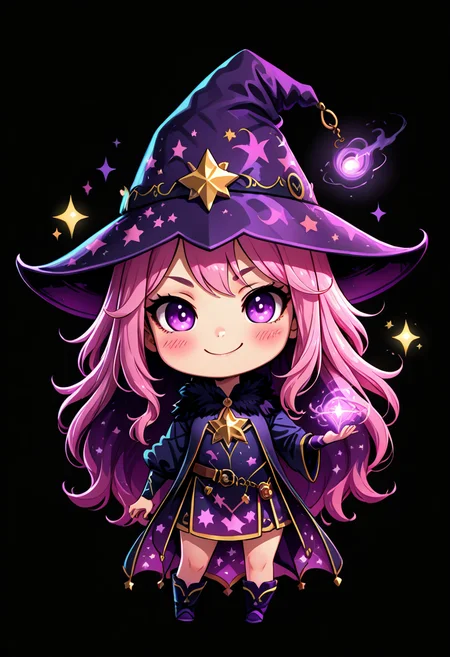 masterpiece, best quality,   zzShadowMagic, 1girl, solo, long hair, looking at viewer, blush, smile, simple background, long sleeves, hat, dress, very long hair, purple eyes, full body, pink hair, purple hair, chibi, star (symbol), witch hat, black background, star print, purple headwear, bangs, holding, sparkle, robe, witch  ,<lora:ShadowMagic_NAI:1.0>,