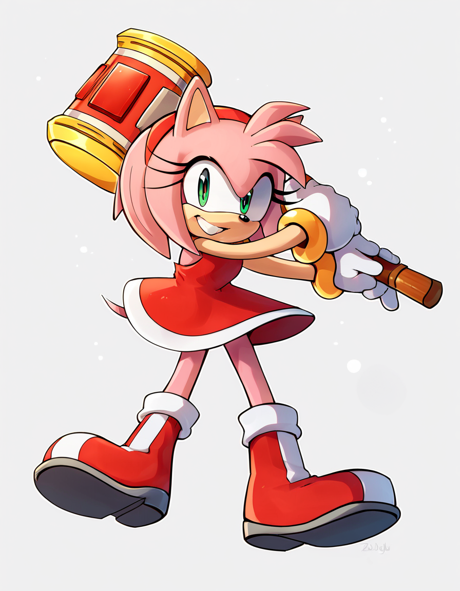 score_9, score_8_up, score_7_up, score_6_up, score_5_up, score_4_up, source_anime,  AmyRose, looking at viewer, smile, weapon, holding weapon, happy, huge weapon, hammer, holding hammer