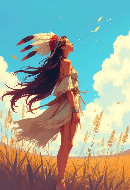 A woman looking afar in the wind with long hair and a feather headdress. The sky is gradient and the atmosphere is smooth. This illustration is vibrant and colorful with a soft film grain. The woman is wearing a tribal dress with fringe tassels and has flowing long hair. light particles dance in the air as the tall grass flows. clouds and gradient color space. anime style with attractive lines and colors
DB4RZ, DB4RZ style painting, b74_aes, digital painting