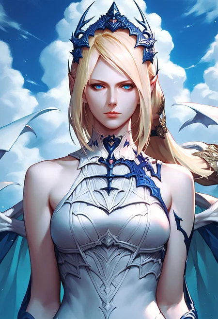 score_9,score_8_up,score_7_up,source_anime,Shiva,1girl,solo,long hair,looking at viewer,blue eyes,blonde hair,bare shoulders,upper body,wings,cloud,armor,lips,
