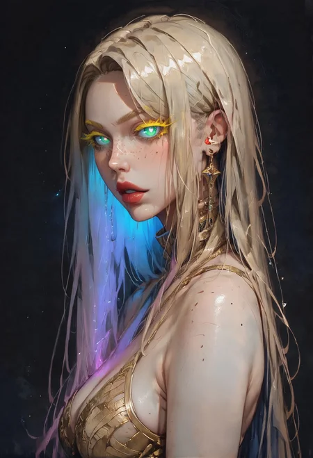 (score_9, score_8_up:1.1), score_7_up, masterpiece, best quality, highly detailed, 1girl, pale skin, (blonde hair:1.5), (glowing purple inner hair:1.5), green eyes, (white pupils:1.2), freckles, straight hair, very long hair, bangs, two color hair, COLORED EYELASHES, (blonde eyelashes:1.3), gold lingerie, looking at the viewer, bedroom eyes, glowing hair, glowing eyes, neon, dark background, contrast, cowboy shot, side view <lora:Expressive_H-000001> expressiveh <lora:g0th1cPXL:0.8> g0thicPXL <lora:Gothic Art 2 Style SDXL_LoRA_Pony Diffusion V6 XL:0.8>