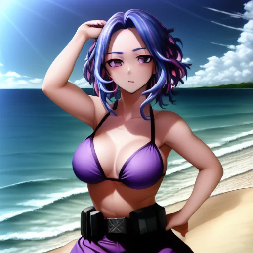 bikini, thick eyebrows, hand up, bare shoulders, beach, water, arms up, portrait, blue hair, brown belt, 1 girl, cowboy shot, purple bikini, tree, thigh strap, 1girl, skirt hold, forehead, cleavage, white background, short shorts, cleavage cutout, halterneck, close-up, open mouth, sleeveless, parted lips, solo, collarbone, gradient, pouch, cloud, short sleeves, night, black shirt, thighs, looking at viewer, sleeveless shirt