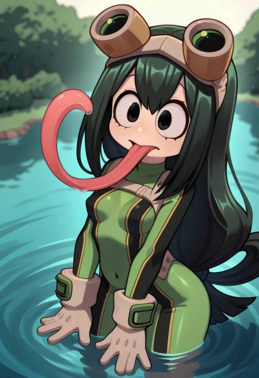 misostyle, masterpiece, best quality, solo, Tsuyu Asui, water pond background, sultry, big eyes, black hair, GREEN BODYSUIT, GOGGLES, small breasts, long tongue, wave,
