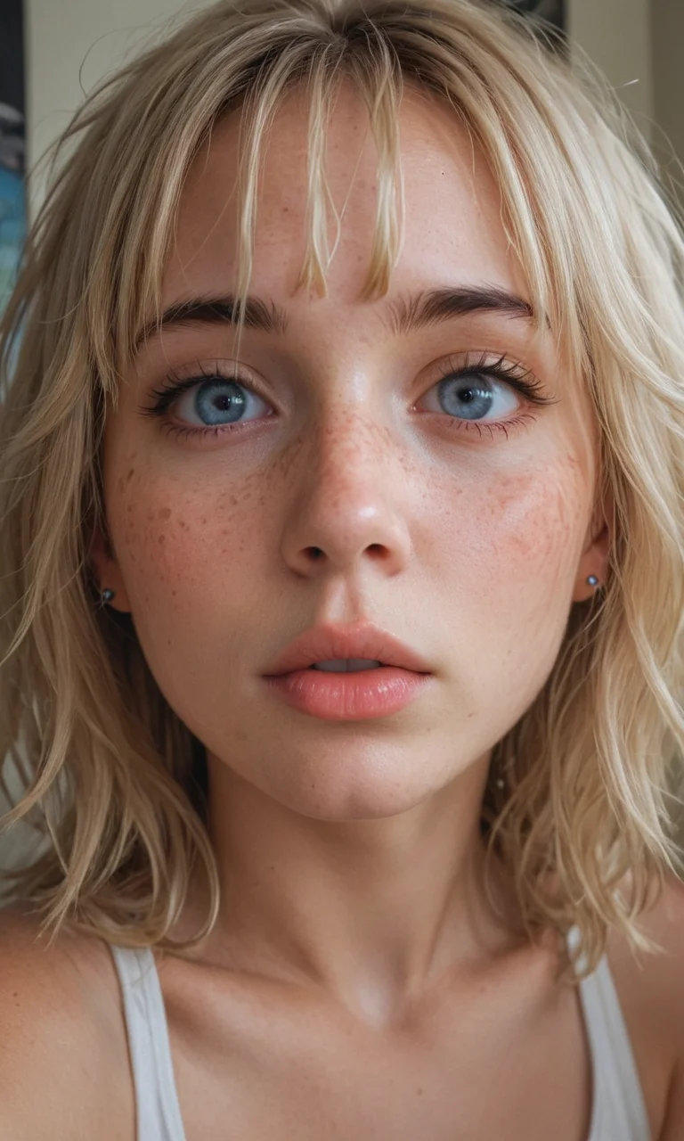 4k selfie with a surprised "o"-expression, deep focus, split-diopter lens. close-up, focus on her eyes. cluttered bedroom, posters on walls, ring lighting. long shaggy blonde (bangs between eyes, dark blue eyes, freckles, blush, natural lips, natural eyes, messy hair, black eyebrows, pierced eybrow) taking a selfie, bent forward, mirror behind in distance, her back can be seen (reflection)