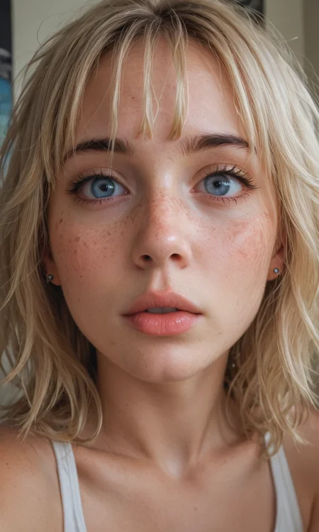 4k selfie with a surprised "o"-expression, deep focus, split-diopter lens. close-up, focus on her eyes. cluttered bedroom, posters on walls, ring lighting. long shaggy blonde (bangs between eyes, dark blue eyes, freckles, blush, natural lips, natural eyes, messy hair, black eyebrows, pierced eybrow) taking a selfie, bent forward, mirror behind in distance, her back can be seen (reflection)