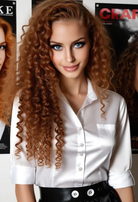 raw photo, 24yo busty beautiful Y4RA posing on fashion posters, wearing (white satin shirt, skirt, buttons), long elegant hair, detailed eyes, long eyelashes