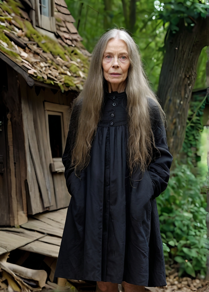 Photo of Philia Hema posing in front of a sinister cottage in the woods, cats, pile of old shoes by wall, (detailed, ultra-detailed body:1.1),best quality,photo-realistic,highly detailed,absurdres,cinematic lighting,hyper-realistic,sharp focus,32k resolution,detailxl,SimplePositiveXLv2,