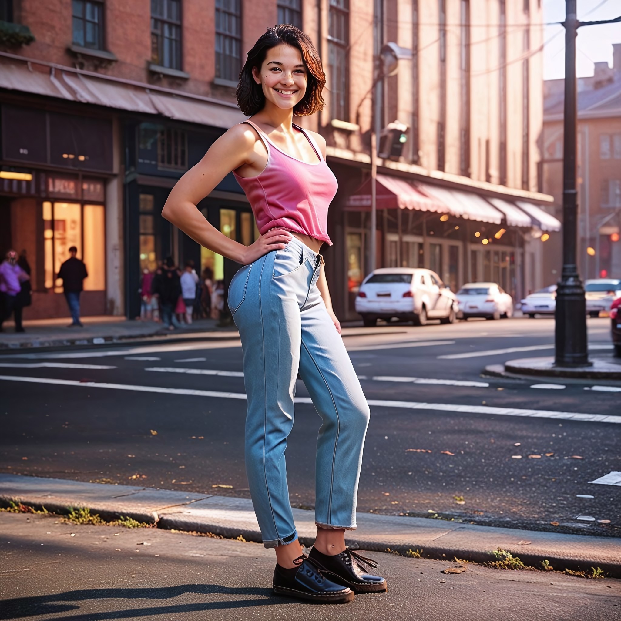 safe_pos, (masterpiece, best quality, highly detailed, realistic, photo), score_9_up, score_8_up, score_7_up, hyper realistic, extremely detailed, detailed face, from front, full body, 1girl, standing, contraposto, hand on hip, medium breasts, smile, pink tank top, denim jeans, dm shoes, street, outdoors, depth of field, 8k uhd, absurd res, volumetric lighting, tack sharp focus, beautiful composition, intricate detail, professional photography