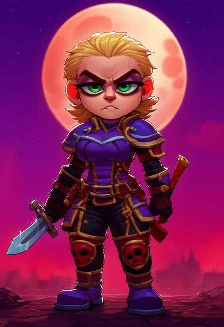[score_9, score_8_up, score_7_up, <lora:Smooth Anime Style LoRA XL:1>, anime style, dark fantasy, 1girl gnome, short stature, big eyes, big ears, green eyes, long blonde hair, (shortstack:1.3), (medium breasts:1.1), round breasts, wearing armor,wearing hat, shoulder armor,skull emblem on shoulder,  (gloomy empty streets, dark forests, moon in the sky:1.6), Cold and angry, seductive gaze, fighting posture, (She holds a two-handed sword in her hands:1.9), bedroom eyes, solo, <lora:OtherStyle_03:1> <lora:Round_Breasts_XL_XV7:0.8>