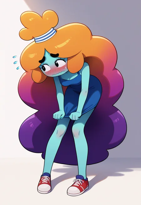 score_9, score_8_up, score_7_up, score_6_up,
masterpiece, best quality, absurdes, 1girl, solo, full body,
(source cartoon),
<lora:Rachel Wilson (AWOG) (Pony):0.9>
Rachel_Wilson_AWOG, aqua skin, colored skin, hair tie, striped headwear, multicolored hair, gradient hair, yellow hair, orange hair, violet hair, long hair, no nose, thick eyebrows, black eyebrows, standing, facing viewer, dress, blush, shy, thick eyebrows, dot eyebrows, white background, simple background, looking away, looking to the side, very long hair, red hair, shoes, sweatdrop, embarrassed, flying sweatdrops, wavy mouth, blue skin, dress tug, sneakers, blue dress, leaning over, bent over,
3/4 angle, shadow, sleeveless, eyes open,
<lora:add-detail-xl:0.9>