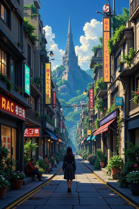 a cyberpunk futuristic street beautiful  landscape, morning, woman, very intricate, very detailed, sharp, bright, colorful, <lora:Hand v2:0.5> <lora:Anti-Blur:1><lora:Insane Detail Slider:0.25>  <lora:flux.1_lora_flyway_Epic-detail_v2:0.3> <lora:fluxenhancer:0.25> <lora:Anime_style:0.6> anime style