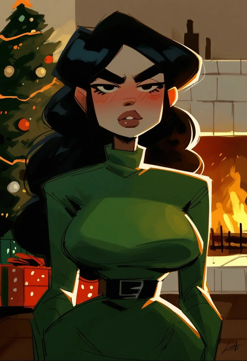 score_9, score_8_up, score_7_up, portrait, digital painting of 1girl, black hair, long hair, thick eyebrows, looking at viewer, full lips, large breasts, narrow waist, high contrast, shadows, charcoal sketch, blushing, green turtleneck sweater, indoors, Christmas tree, fireplace