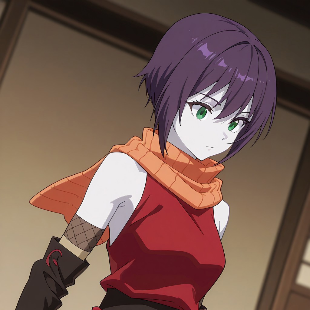 (best_quality, detailed, masterpiece, very_aesthetic, absurdres), general, m.q \(mqkyrie\), (zuharu:0.5)
BREAK
1girl, small breasts, white skin, upper_body, adult, dynamic angle, blurry background
BREAK
souka_cnr, armpit,short hair, green eyes, purple hair,bare shoulders, ninja, red japanese clothes,elbow gloves, boots, orange scarf