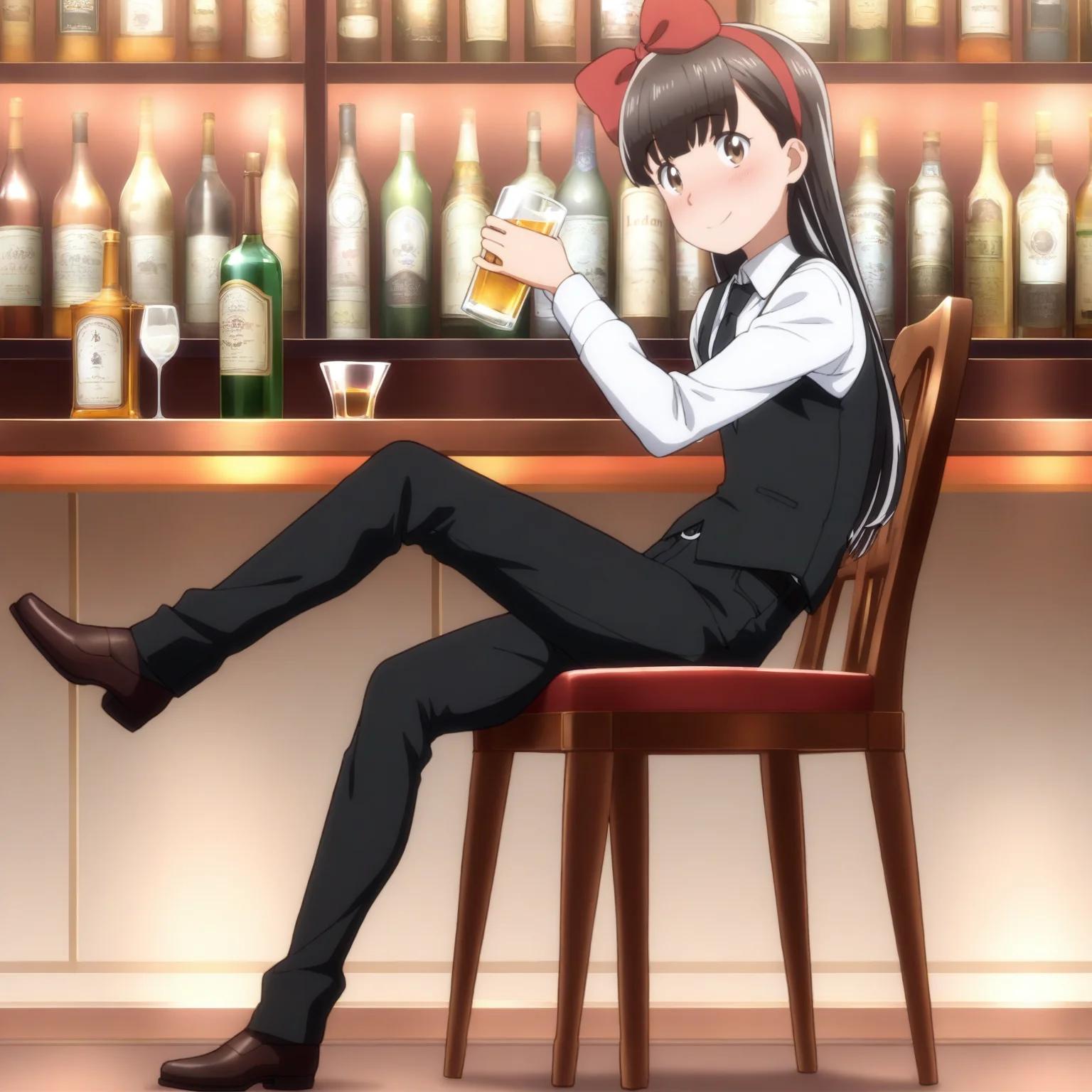 masterpiece, best quality, score_9,
<lora:Hitomi_hinamatsuri_v11:1>, hitomi_il, 1girl, solo, brown_hair, bangs, hair_between_eyes, brown_eyes, long_hair, hair_ribbon, black_vest, white_collared_shirt, black_tie, black_pants, brown_shoes, full body, bar, alcohol, faint smile, looking at viewer, holding_glass