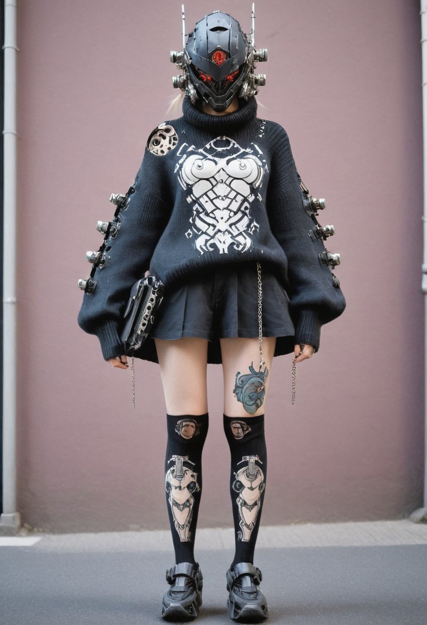 Female wired-cyborg in knitted sweater resembling  the black knight with mech reinforced intricate designed mecha helmet with colorful white and blueish intricate anime girl tattoo, knitted high socks, Standing in crowded street, jewelery Made of mechanical parts, tattoo, Abs, portrait, neon eyes, wired-cyborg, looking back, shining teeth, white eyes,
