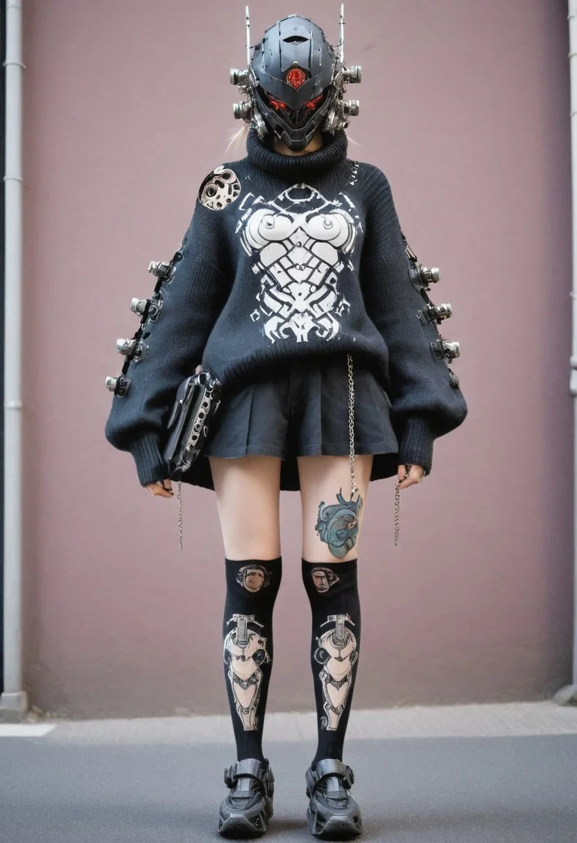 Female wired-cyborg in knitted sweater resembling  the black knight with mech reinforced intricate designed mecha helmet with colorful white and blueish intricate anime girl tattoo, knitted high socks, Standing in crowded street, jewelery Made of mechanical parts, tattoo, Abs, portrait, neon eyes, wired-cyborg, looking back, shining teeth, white eyes,