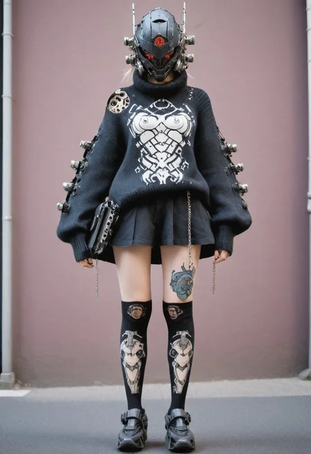 Female wired-cyborg in knitted sweater resembling  the black knight with mech reinforced intricate designed mecha helmet with colorful white and blueish intricate anime girl tattoo, knitted high socks, Standing in crowded street, jewelery Made of mechanical parts, tattoo, Abs, portrait, neon eyes, wired-cyborg, looking back, shining teeth, white eyes,