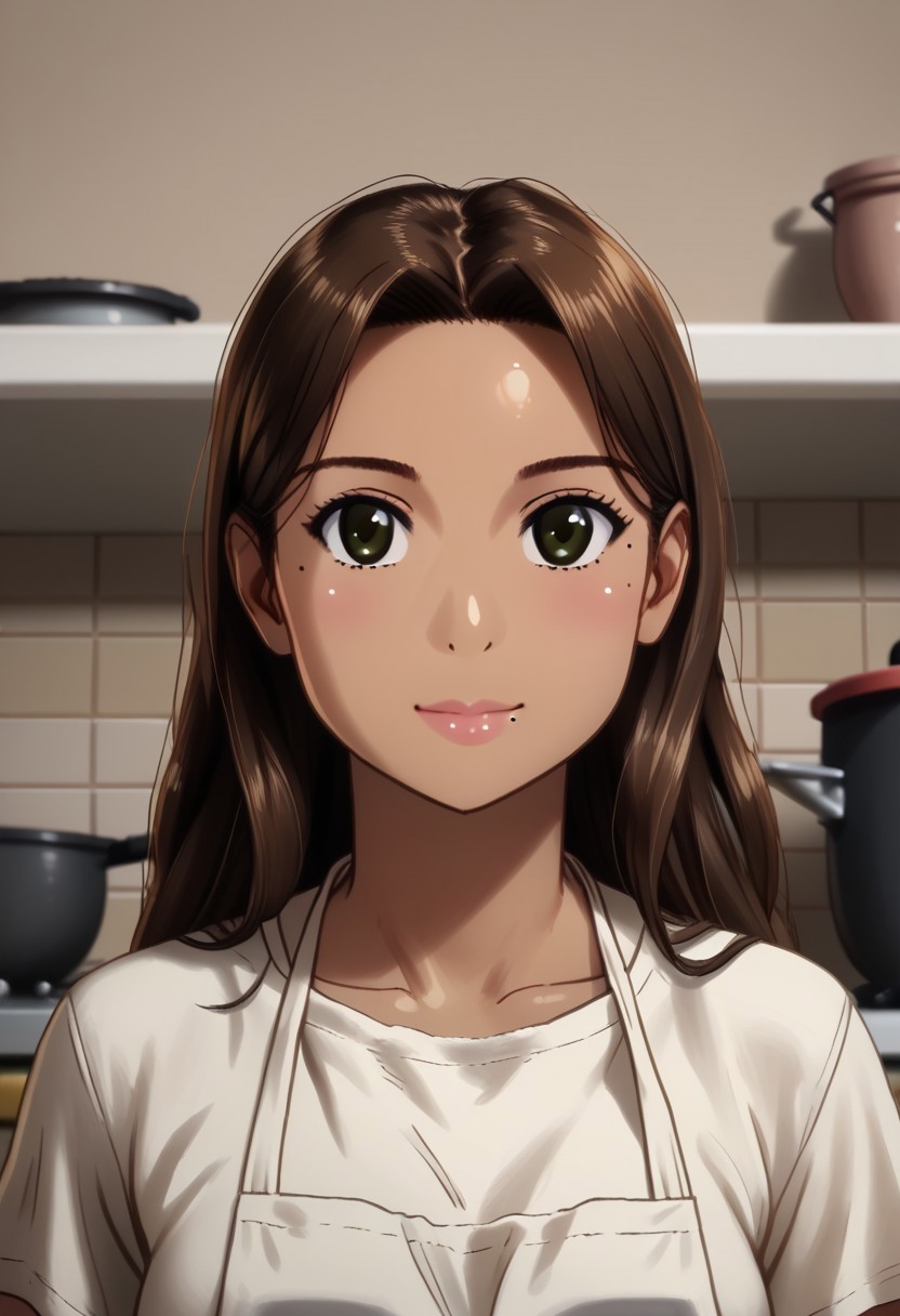 1girl, Clementine Morena, solo, hispanic, tan skin, brown eyes, athletic physique, brown hair, long hair, shiny hair, mole on left cheek, white t-shirt, black athletic shorts, white apron, stained apron,
Content smile, mortar & pestle, 
variety, close up, face focus, detailed face,
((Indoors, old kitchen, pot, mason jars)), clean lines, smooth colors, sfw, source: semi-realistic, rating: pg, score: 8 up, score: 9