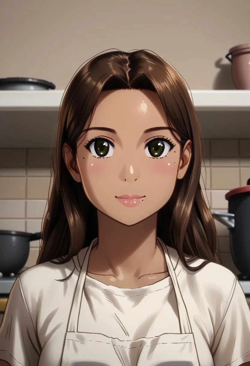 1girl, Clementine Morena, solo, hispanic, tan skin, brown eyes, athletic physique, brown hair, long hair, shiny hair, mole on left cheek, white t-shirt, black athletic shorts, white apron, stained apron,
Content smile, mortar & pestle,
variety, close up, face focus, detailed face,
((Indoors, old kitchen, pot, mason jars)), clean lines, smooth colors, sfw, source: semi-realistic, rating: pg, score: 8 up, score: 9