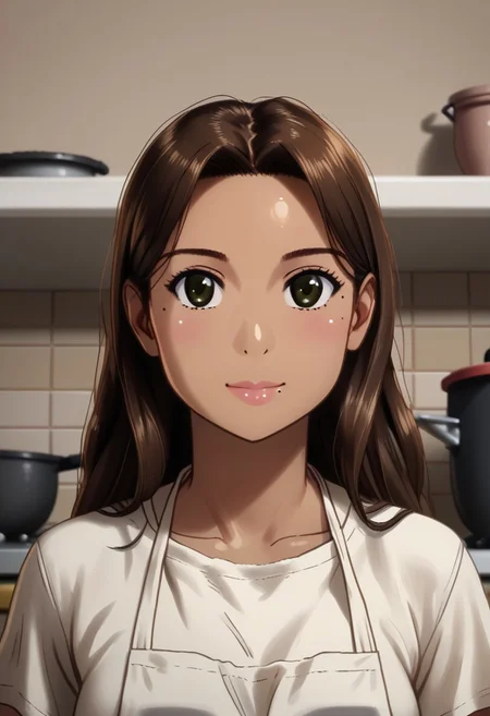 1girl, Clementine Morena, solo, hispanic, tan skin, brown eyes, athletic physique, brown hair, long hair, shiny hair, mole on left cheek, white t-shirt, black athletic shorts, white apron, stained apron,
Content smile, mortar & pestle,
variety, close up, face focus, detailed face,
((Indoors, old kitchen, pot, mason jars)), clean lines, smooth colors, sfw, source: semi-realistic, rating: pg, score: 8 up, score: 9