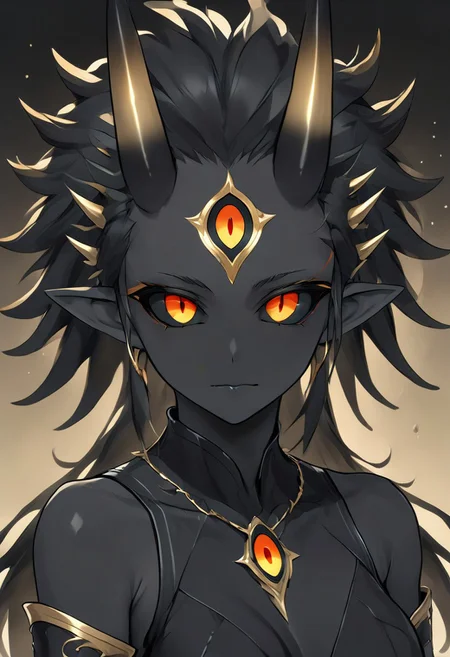 abstractzyrnox, abstract, abstract art, expressive eyes, perfect face, ((te'kharoth, third eye), tail, horns), spiky hair, messy hair, ponytail hair, thick hair, black hair, black sclera), 1girl, gold eyes, wings, BREAK, armor