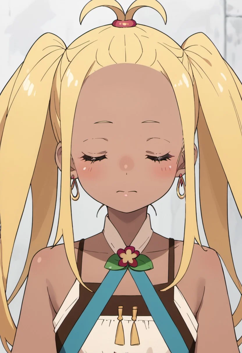 score_9, score_8_up, score_7_up, source_anime, liliana masquerade, long hair, blonde hair, dark skin, dark-skinned female, twintails, 1girl, solo, closed eyes, blush, tan