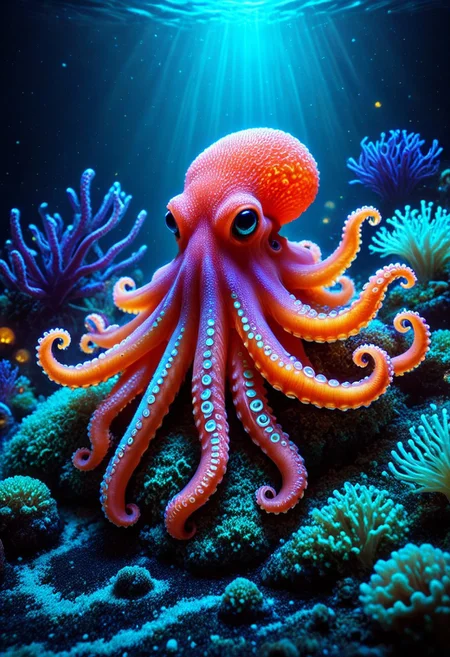 An epic photo of a bioluminescent octopus, under water, coral reef, glowing anemones pulsing in rhythmic unison, neon color, masterpiece, best quality, highly detailed, sharp focus, dynamic lighting, flux-style,