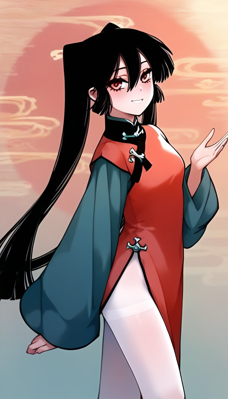<lora:hudasheng:1>,hudasheng,1girl,long hair,red eyes,solo,long hair,black hair,hair between eyes,ponytail,pigtails,white_pantyhose,china_dress,red china_dress,long sleeves,green long sleeves,
standing,looking at viewer,smile,blush,light_blush,full_shot,from_side,, masterpiece,best quality,amazing quality,