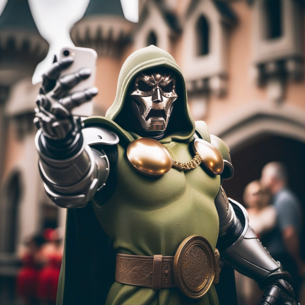 DrDoom1024, full body,  a man with a mask and a hood ((take a selfie)), having fun, disneyworld <lora:DrDoom1024:0.8>