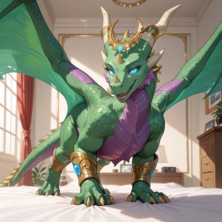 1girl, highres, absurdres, newest, masterpiece, best quality, furry, furry_female, ysera_wc, dragon, green scales, wings, horns, tail, claws, blue eyes, glowing eyes, headpiece, (standing, feral:1.3), detailed eyes, (on_belly, on_stomach), open_mouth, open mouth smile, luxurious detailed room, bright room, day scene, professional lighting, solo, bedroom, smiling, seductive, looking_at_viewer, masterpiece, close up, safe