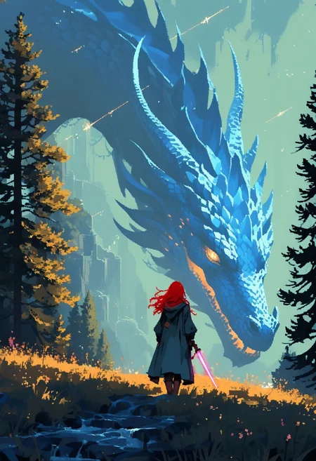 Arcane,7200ss,score_9, score_8_up, score_7_up, score_6_up,masterpiece, dynamic angle,Expressiveh , shiny skin ,detailed,1girl, colossal luminous dragon. Dominating the scene is a translucent dark-blue dragon adorned with luminescent scales, blending seamlessly with its surroundings. Its wings, composed of intricately woven energy threads, shimmer in a spectrum of colors. Starry sky. Amidst the night, its presence exudes a sense of mythical power. Behind it, the swirling hues of a distant galaxy provide a mesmerizing backdrop, celestial legends. Atmospheric haze, Film grain, cinematic film still, shallow depth of field, highly detailed, high budget, cinemascope, moody, epic, OverallDetail, RAW photo, photorealistic, candid camera, color graded cinematic, eye catchlights, atmospheric lighting, imperfections, natural,d3p1x3l, pixel art,scenery