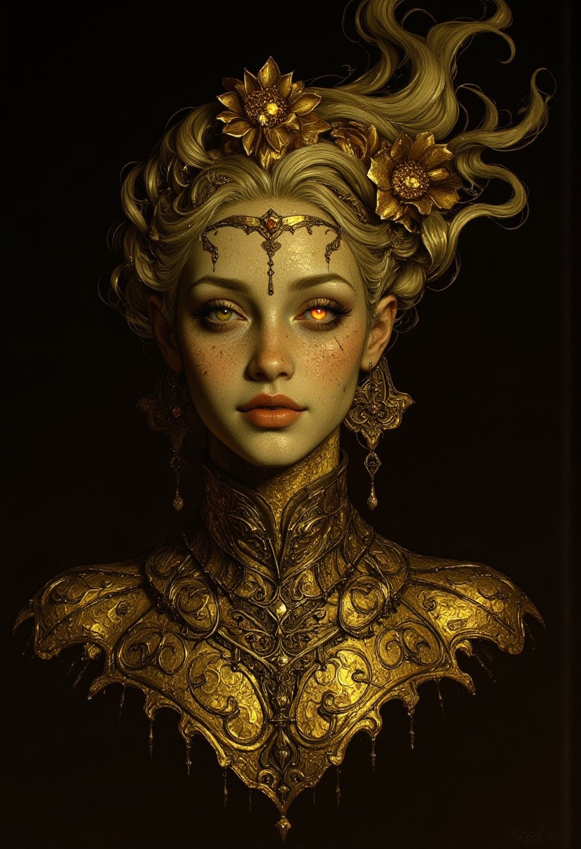 Golden statue of a woman, her skin composed of delicate, textured gold flakes, with chrome and golden flowers intricately woven into her hair, her eyes gleaming with a warm, golden light, wearing a majestic, windy-blown ornate gown with tattered, metallic petals, reminiscent of a dark, dystopian world, her face and shoulders illuminated by a soft, ambient glow, as if radiating an otherworldly energy, in the styles of Royo's dark, mystical realism, Artgerm's hyper-detailed, metallic sheen, and Lovecraft's eerie, atmospheric tension, with meticulous attention to intricate textures, dramatic shading, and a sense of haunting, ethereal beauty.