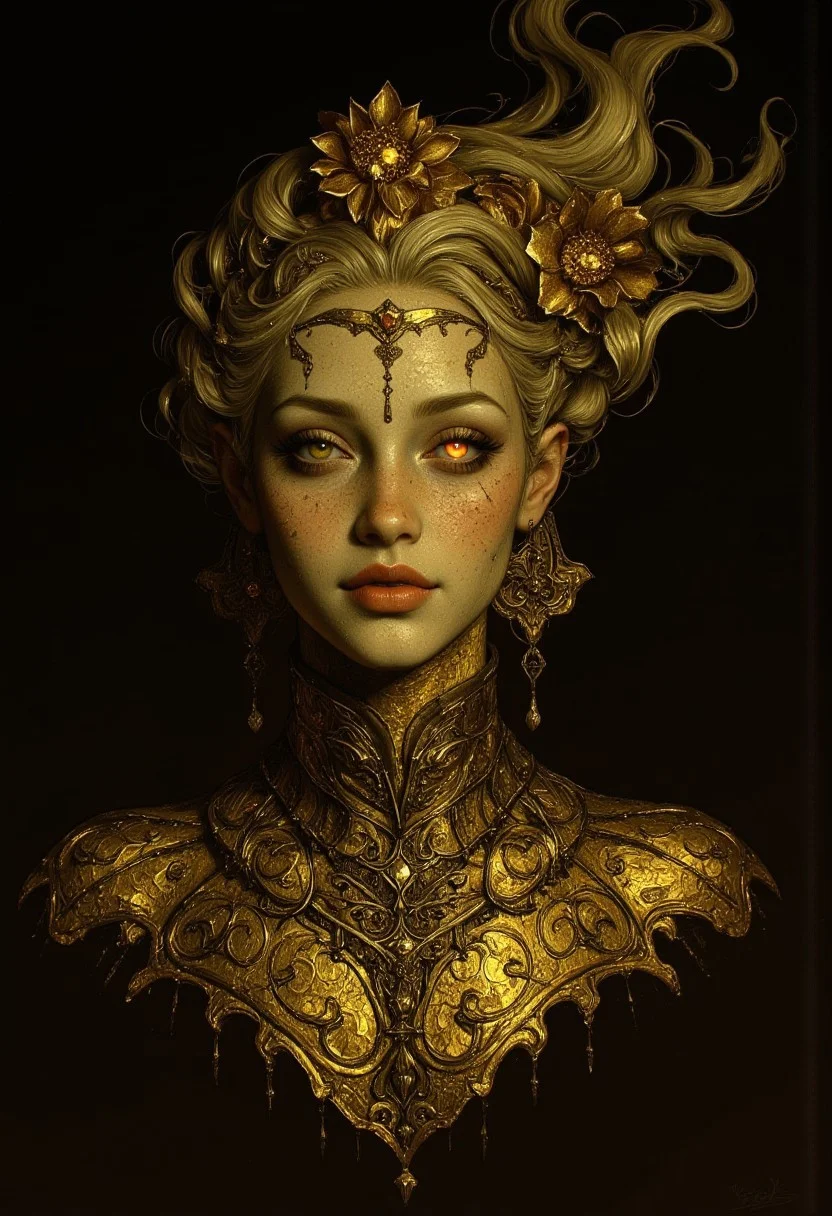 Golden statue of a woman, her skin composed of delicate, textured gold flakes, with chrome and golden flowers intricately woven into her hair, her eyes gleaming with a warm, golden light, wearing a majestic, windy-blown ornate gown with tattered, metallic petals, reminiscent of a dark, dystopian world, her face and shoulders illuminated by a soft, ambient glow, as if radiating an otherworldly energy, in the styles of Royo's dark, mystical realism, Artgerm's hyper-detailed, metallic sheen, and Lovecraft's eerie, atmospheric tension, with meticulous attention to intricate textures, dramatic shading, and a sense of haunting, ethereal beauty.