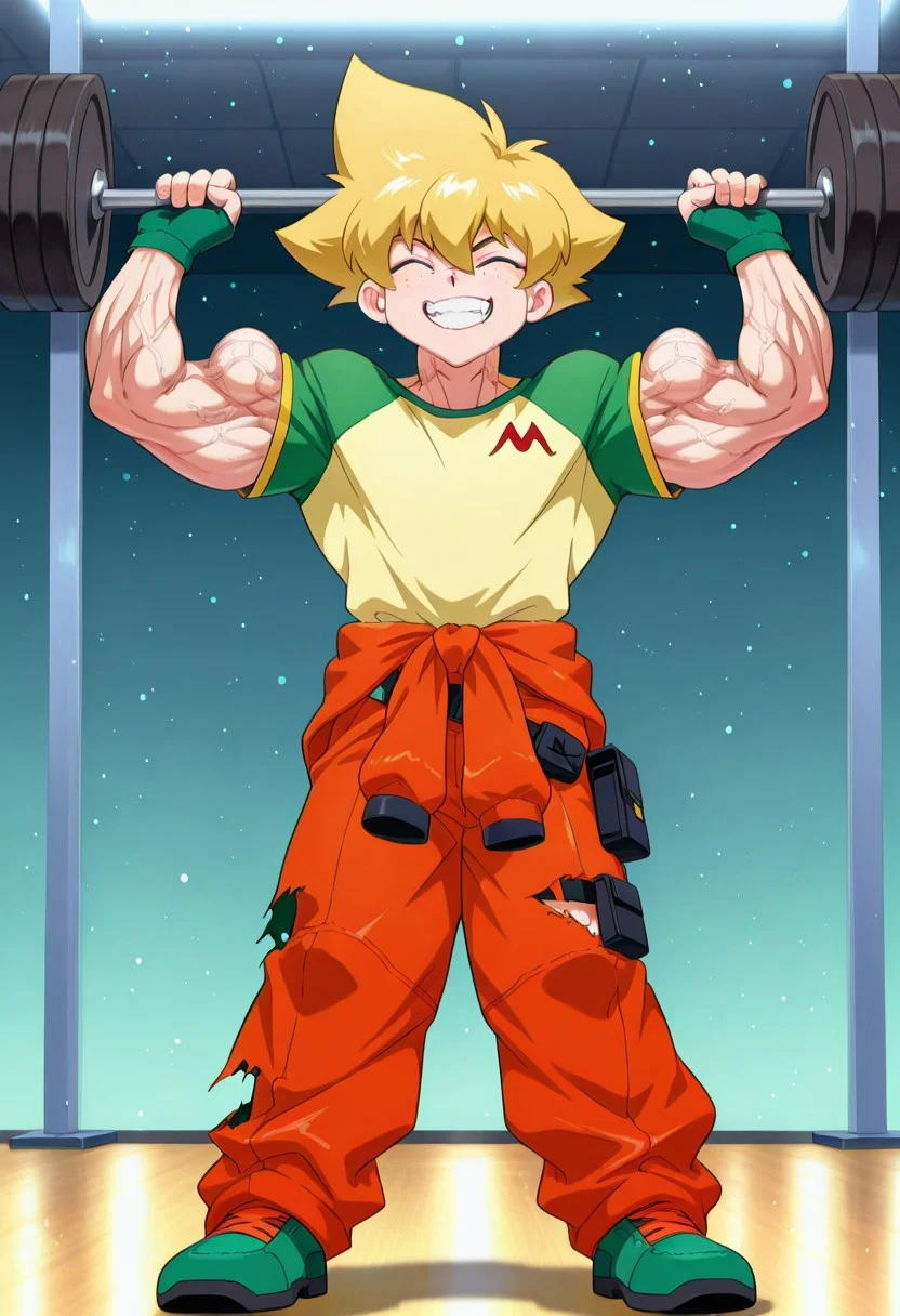 masterpiece, best quality, amazing quality, very aesthetic, absurdres, intricate details, five digits
, solo, 1boy, male focus, muscular male,clenched teeth, thick arms, weightlifting, exercise, veiny body, veiny arms, veiny neck, veiny face,
, <lora:nb-c_v2_IL-000025:1>,1boy, male focus, solo, closed eyes, smile, open mouth,heart emotes,anime, volumetric lighting, day, light particles,flexing,hulking out, muscular,torn clothes, roaring,hyper muscles growth, hyper muscles bigger,MaMizuha, 1boy, male focus, solo, blue eyes, freckles, blonde hair, spiked hair, t-shirt, raglan sleeves, short sleeves, orange jumpsuit, jumpsuit around waist, belt pouch, gloves, green gloves, fingerless gloves, shoes, green footwear