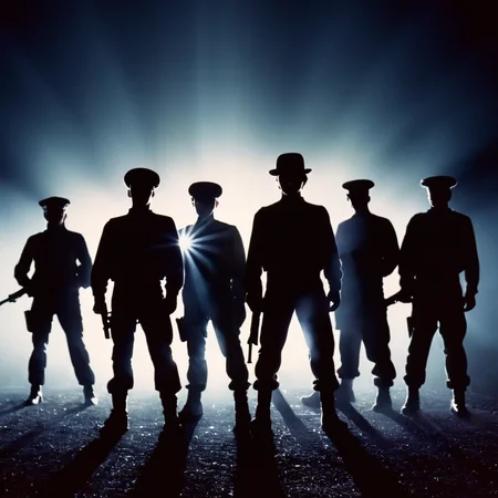 cinematic film still of <lora:perfection style:0.5> <lora:detailed:0.5> perfection detailed
<lora:Clockwork Orange film style:0.9>
In a futuristic dystopian Britain a group of gang members standing next to each other,hat,weapon,multiple boys,gun,shadow,6+boys,silhouette,dark , cinematic, film, kodak, Clockwork Orange film style, night, shallow depth of field, vignette, highly detailed, high budget, bokeh, cinemascope, moody, epic, gorgeous, film grain, grainy