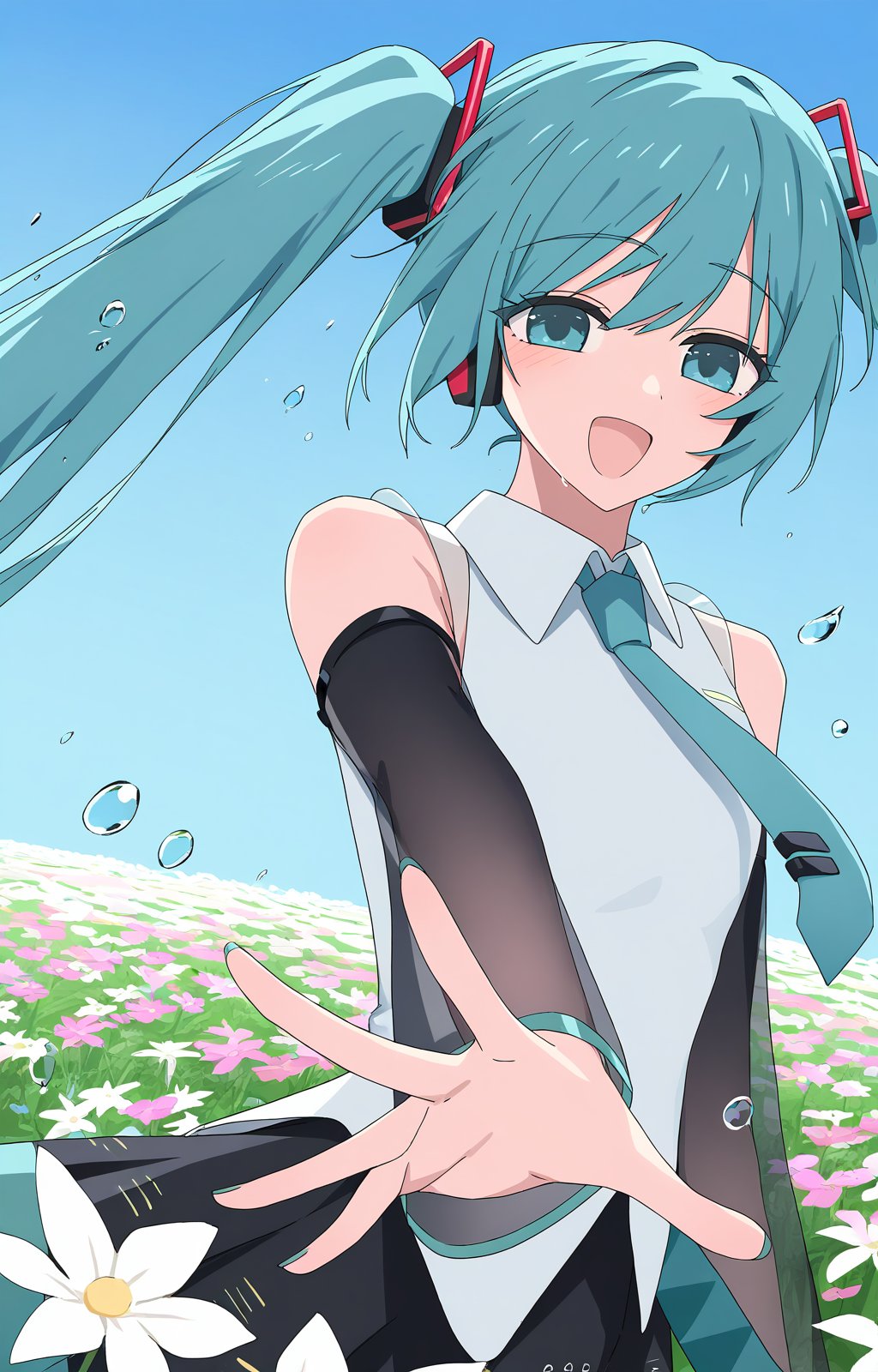 <lora:channel:1>,channel,1girl,hatsune miku,solo,twintails,detached sleeves,long hair,shirt,smile,necktie,flower,white shirt,skirt,open mouth,looking at viewer,floating hair,white flower,see-through sleeves,black skirt,sky,blue sky,flower field,sleeveless,outstretched arm,sleeveless shirt,outdoors,black sleeves,field,blue eyes,blue necktie,blue hair,blue flower,very long hair,collared shirt,nail polish,aqua hair,pink flower,day,water drop,