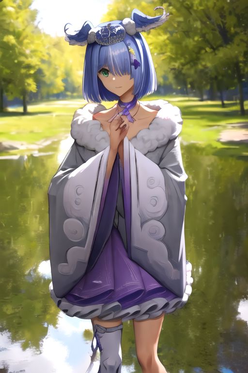 solo, 1girl, solo_focus, (((masterpiece))), ((best quality)), ((ultra-detailed)), high resolution, absurdres, highres, ultra-detailed 8k unity wallpaper, 
elira2st, tiara, japanese clothes, grey kimono, wide sleeves, single thighhigh, purple skirt, off shoulder, necklace, fur trim, thigh strap, tabi, sandals, purple nails