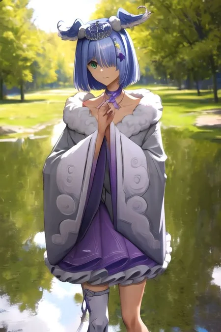 solo, 1girl, solo_focus, (((masterpiece))), ((best quality)), ((ultra-detailed)), high resolution, absurdres, highres, ultra-detailed 8k unity wallpaper, 
elira2st, tiara, japanese clothes, grey kimono, wide sleeves, single thighhigh, purple skirt, off shoulder, necklace, fur trim, thigh strap, tabi, sandals, purple nails