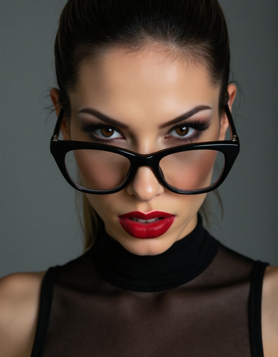 A striking portrait of a fierce woman with piercing eyes and bold, direct eye contact. She wears natural-looking brick-red lipstick and large, avant-garde glasses. The composition embodies a high-fashion editorial aesthetic, blending ethereal beauty with dramatic shadows and luxurious fashion details. The zoomed-out perspective places the subject in 30% of the frame, leaving ample negative space around her head for a modern, minimalist feel. The subtle 3D effect enhances the visual depth, creating a captivating and dynamic image.